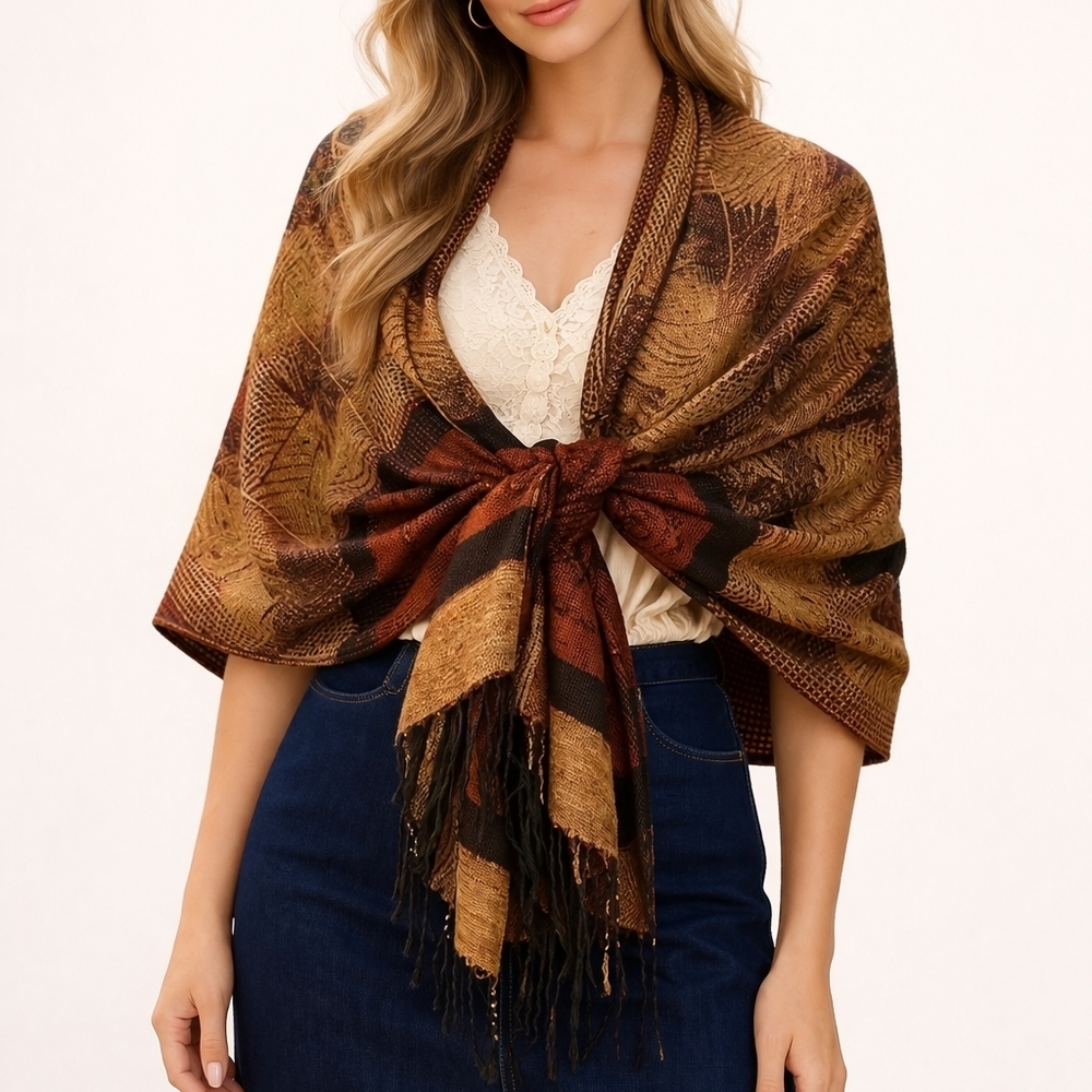 Vtg FC Navy Blue Rust Gold Leaf Pattern Fringe Shawl